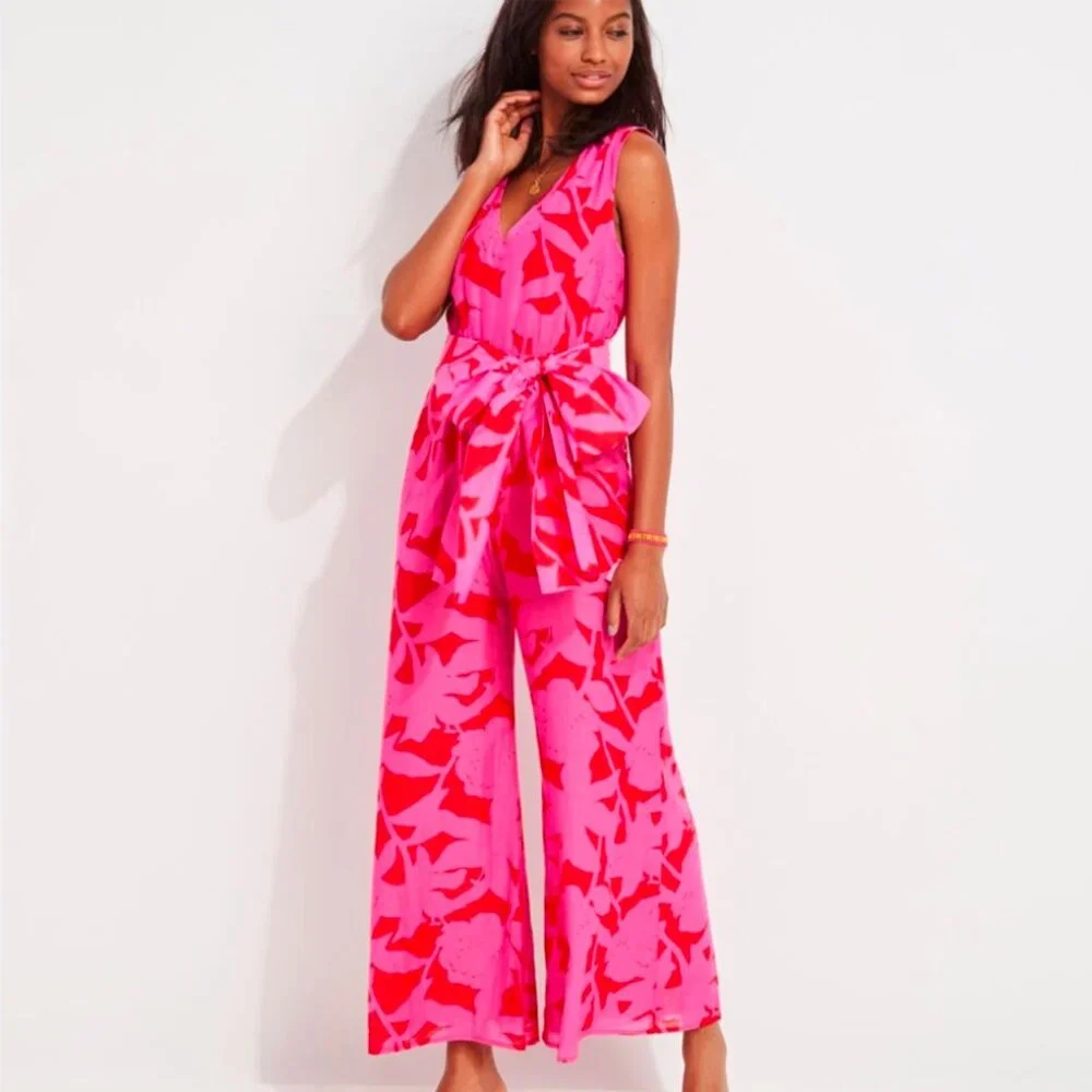 VINEYARD VINES | Tropical Floral Sleeveless Jumpsuit | Cuckoo Red Pink | Size 8 - Picture 2 of 14